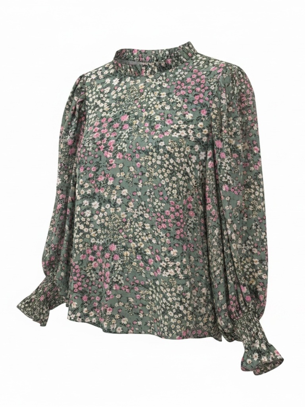 JODIFL Green Floral High-Neck Blouse with Pink & Cream Accents